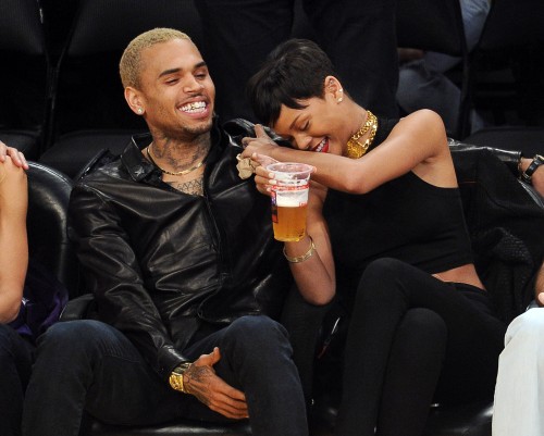 Rihanna and Chris Brown at the Lakers v Knicks game, Los Angeles, CA
